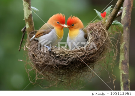 rare bird couple grooming each other near their nest, created with generative ai 105113965