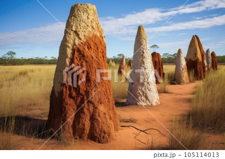 termite mounds with a variety of textures and colors, created with generative ai 105114013