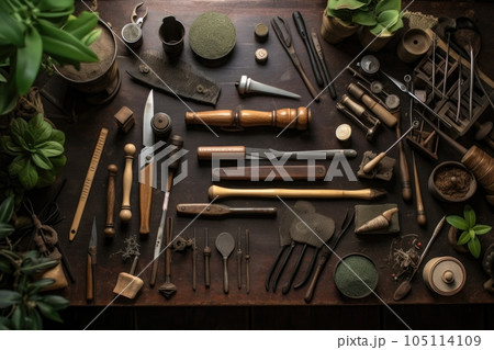 top view of bonsai shaping tools on a wooden bench, created with generative ai 105114109