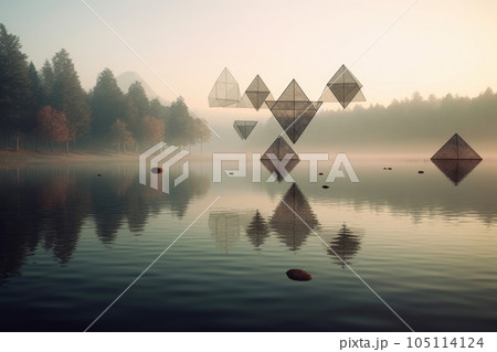 floating geometric shapes over a misty lake, created with generative ai 105114124