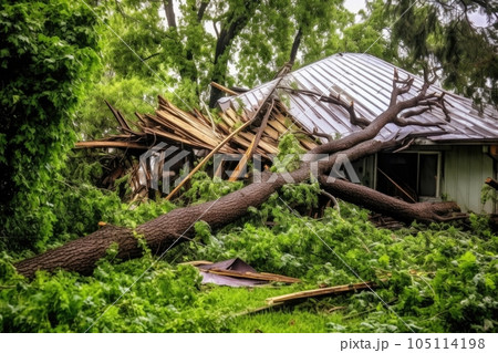collapsed roof from fallen tree during storm, created with generative ai 105114198