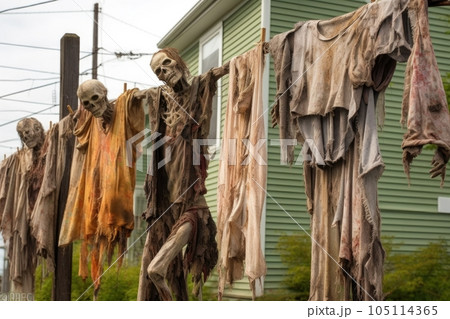 old, tattered zombie clothing hung on a clothesline, created with generative ai 105114365