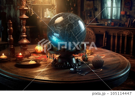 mysterious crystal ball on a witchs table, created with generative ai 105114447