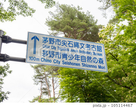 「茅野市尖石縄文考古館」「茅野市青少年自然の森」を案内する道路標識。(長野県茅野市内) 105114467