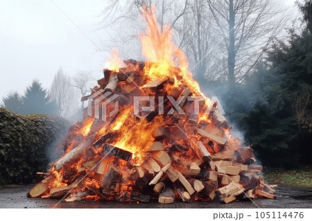 smoke rising from a burning pile of split firewood, created with generative ai smoke rising from a burning pile of split firewood, created with generative ai 105114476