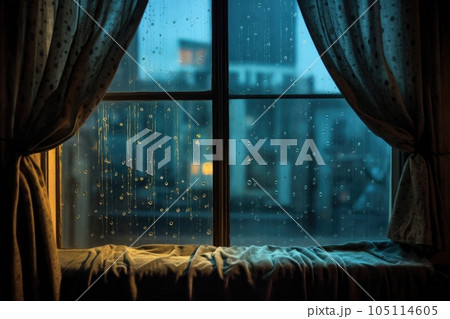 raindrops on window pane with curtain silhouette, created with generative ai 105114605