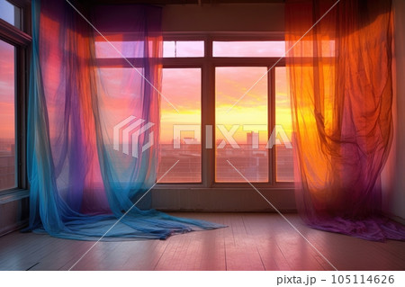 sunrise or sunset colors glowing behind a sheer curtain, created with generative ai 105114626