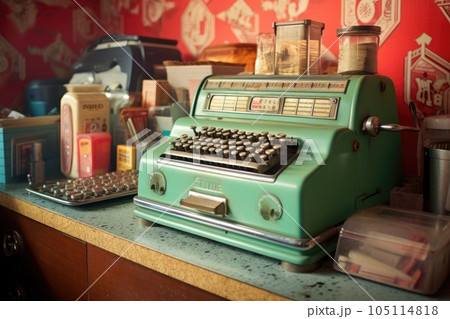close-up of vintage cash register in retro diner, created with generative ai 105114818