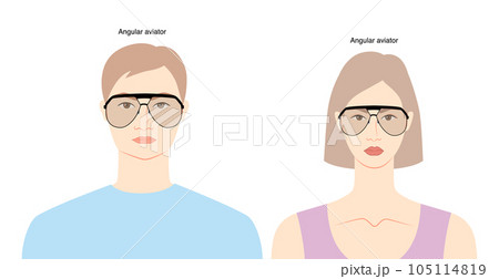Angular Aviator frame glasses on women and men flat character fashion accessory illustration. Sunglass front view unisex Angular Aviator frame glasses on women and men flat character fashion accessory illustration. Sunglass front view unisex 105114819