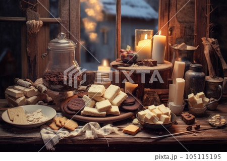 marshmallows, chocolate, and crackers in a cozy setting, created with generative ai 105115195
