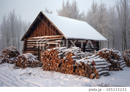 rustic woodpile covered in snow on a frosty day, created with generative ai 105115231