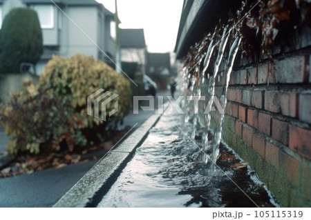 close-up of rainwater pouring from a clogged gutter, created with generative ai 105115319