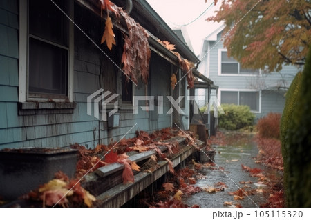 gutter clogged with leaves and debris during rain, created with generative ai 105115320