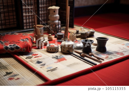 tea ceremony utensils displayed on a tatami mat, created with generative ai tea ceremony utensils displayed on a tatami mat, created with generative ai 105115355
