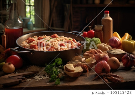close-up of jambalaya ingredients on a rustic table, created with generative ai close-up of jambalaya ingredients on a rustic table, created with generative ai 105115428