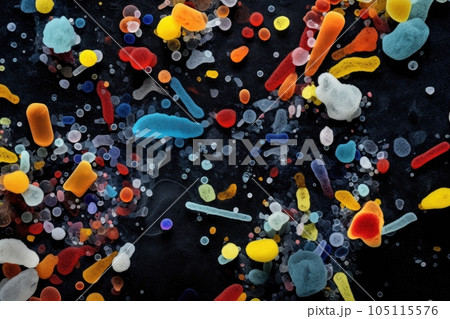 aerial view of microplastics clustering together under microscope, created with generative ai 105115576