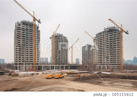 skyscraper is being constructed with modern machinery, including cranes and bulldozers, created with generative ai 105115812