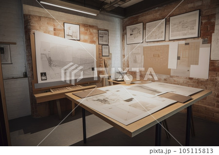 architect's studio, with blueprints and mock-ups of the proposed building on every available surface, created with generative ai 105115813