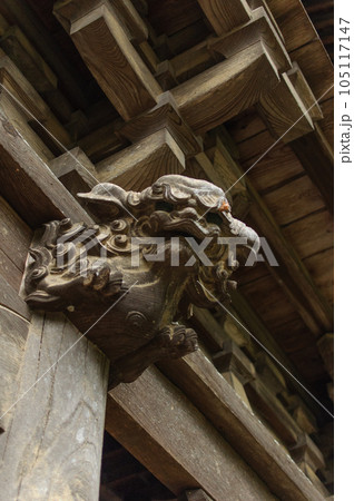 神社の柱の装飾・宮彫り（獅子木鼻の写真素材 [105117147] - PIXTA