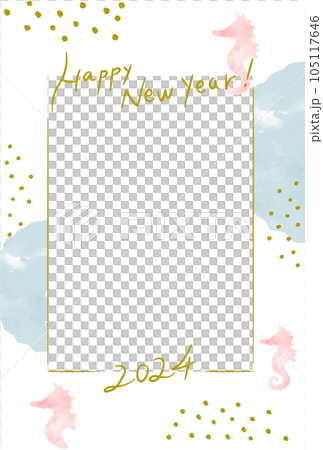 可愛的龍 2024 年相框 新年賀卡 水彩插圖 105117646