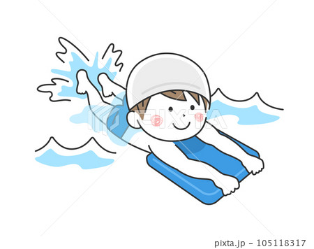 スイミングスクールで、ビート板を使って練習する男の子のイラスト 105118317