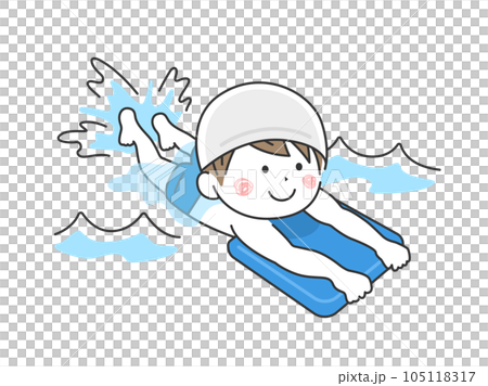 スイミングスクールで、ビート板を使って練習する男の子のイラスト 105118317