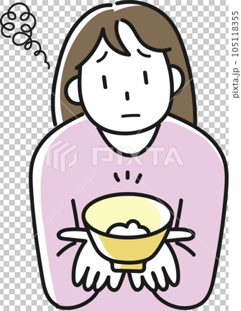 減少大米飲食,臉上不滿意的年輕女性 減少大米飲食,臉上不滿意的年輕女性 105118355