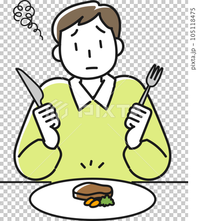 A young man with a dissatisfied face by reducing the amount of food for dieting A young man with a dissatisfied face by reducing the amount of food for dieting 105118475