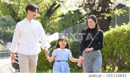 手をつないで歩く幼い女の子と両親 手をつないで歩く幼い女の子と両親 105118691