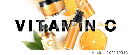 Cosmetics vitamin C or skin care product ads with bottle, realistic package mockup. banner ad for beauty products and orange background. vector design. Cosmetics vitamin C or skin care product ads with bottle, realistic package mockup. banner ad for beauty products and orange background. vector design. 105119318