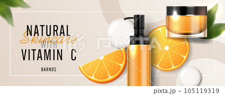 Cosmetics vitamin C or skin care product ads with bottle, realistic package mockup. banner ad for beauty products and orange background. vector design. 105119319