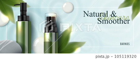 Moisture and refreshing vitamin E skincare product ads with watery water to moisturize the face. bottle and realistic package mockup. banner ad for beauty products and blue background. cosmetic vector 105119320