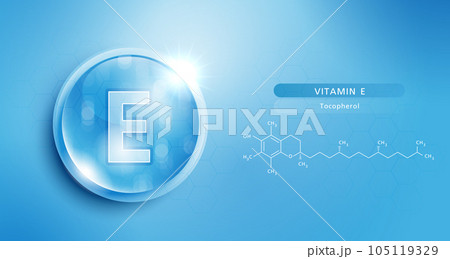 Drop water vitamin E blue and structure. vitamin solution complex with chemical formula from nature. beauty treatment nutrition skin care design. medical and scientific concepts for cosmetic. vector. 105119329
