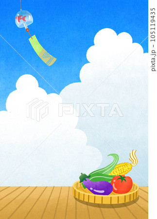 夏のイラスト素材　縁側と風鈴、とれたて野菜 105119435