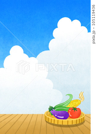 夏のイラスト素材　縁側ととれたて野菜 105119436