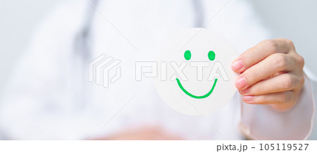 Doctor show Happy smile face paper, Mental health Assessment, Psychology, Health Wellness, Positive Feedback, Customer Review, Good Experience, Satisfaction Survey, World Mental Health day concept 105119527