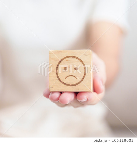 Woman show Unhappy Sad face block, Mental health Assessment, Psychology, Health Wellness, Feedback, Customer Review, Experience, Satisfaction Survey, Negative Thinking and World Mental Health day 105119603