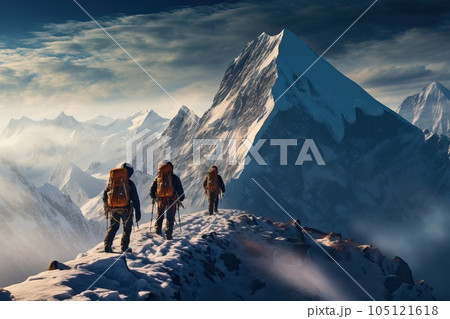 Climbing. Several climbers on their way to the mountain peak. Climbing. Several climbers on their way to the mountain peak. 105121618