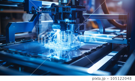 In action, a 3D printer fabricates complicated prototypes, demonstrating the significance of technology in quick prototyping and manufacturing.Sci-Fi Background In action, a 3D printer fabricates complicated prototypes, demonstrating the significance of technology in quick prototyping and manufacturing.Sci-Fi Background 105122048
