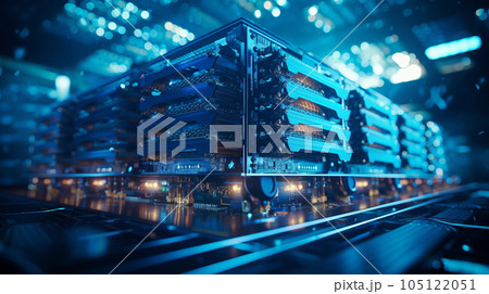 A close-up of a cryptocurrency mining rig, exemplifying the role of technology in the world of digital currencies.Sci-Fi Background 105122051