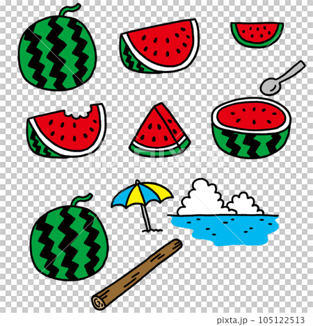 いろんな切り方のスイカのイラストとスイカ割の挿絵 105122513