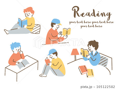 色々な場所で読書をする少年たちのセット_色 105122582