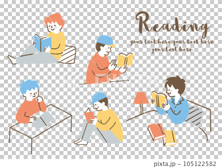 色々な場所で読書をする少年たちのセット_色 105122582