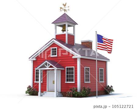School house and american flag over white background School house and american flag over white background 105122721