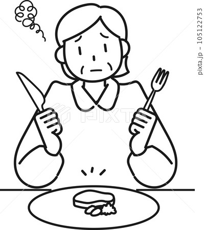 ダイエットのために食事量を減らして不満顔のシニア女性 ダイエットのために食事量を減らして不満顔のシニア女性 105122753