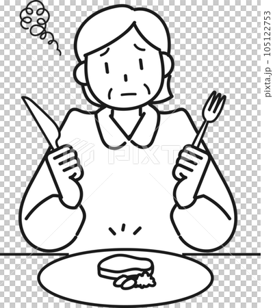 ダイエットのために食事量を減らして不満顔のシニア女性 ダイエットのために食事量を減らして不満顔のシニア女性 105122753