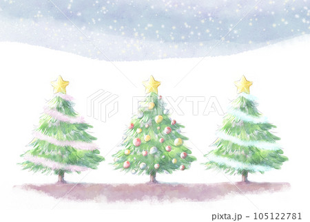 水彩の星空の下にクリスマスツリーが並んだイラスト 水彩の星空の下にクリスマスツリーが並んだイラスト 105122781