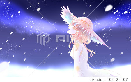 麦わら帽子を被った楽しそうな女性　花吹雪　逆光　夜空 105123107
