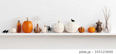 Halloween shelf decor with copy space against a white wall banner background. White shelf with pumpkin, spider and candle decor. Wide banner background for Halloween Halloween shelf decor with copy space against a white wall banner background. White shelf with pumpkin, spider and candle decor. Wide banner background for Halloween 105123680