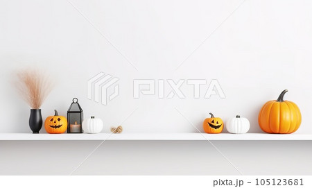 Halloween shelf decor with copy space against a white wall banner background. White shelf with pumpkin, spider and candle decor. Wide banner background for Halloween Halloween shelf decor with copy space against a white wall banner background. White shelf with pumpkin, spider and candle decor. Wide banner background for Halloween 105123681